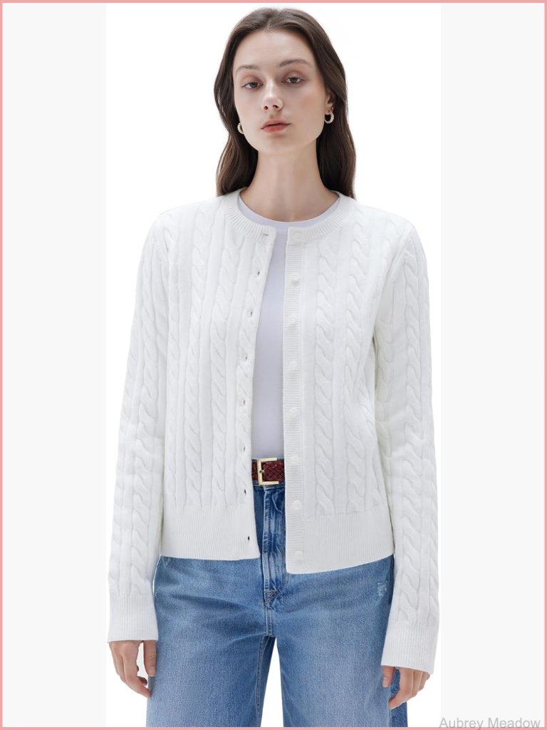 Cable Knit Cashmere Blend Crew Neck Button Up Chunky Cardigan